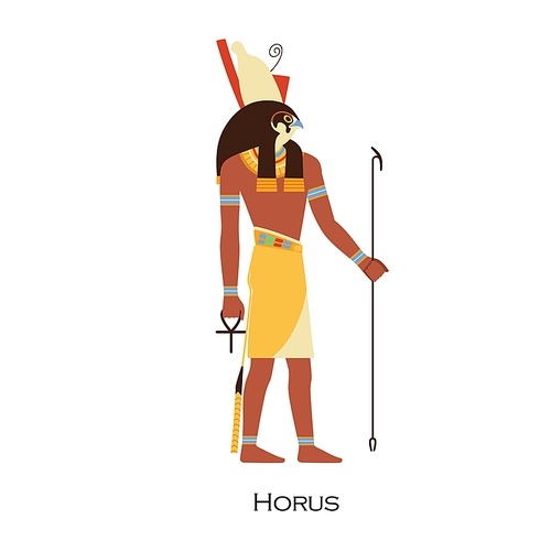 Horus profile, Egyptian god. Hor, Ancient Egypts deity of kingship and sky. Falcon-headed character of old civilization, history and religion. Flat vector illustration isolated on white .