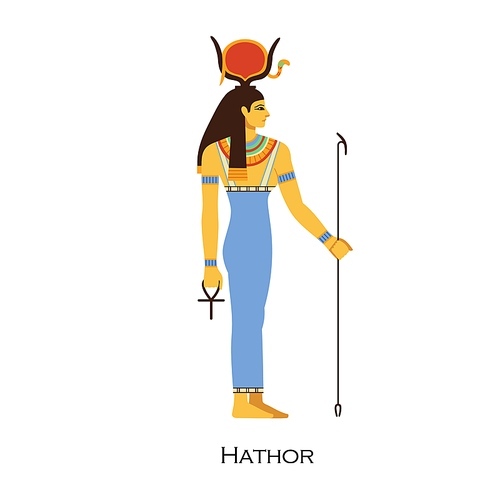 Hathor, Ancient Egyptian goddess. Female solar deity. Old Egypts mother. Major divine woman with sun symbol. History religion character. Flat vector illustration isolated on white .