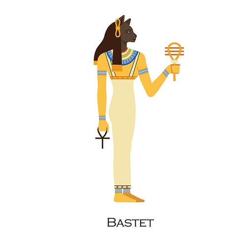 Bastet, Ancient Egyptian goddess of lioness. Female cat-head deity. Old Egypts god profile. Antique woman figure from religious mythology. Flat vector illustration isolated on white .