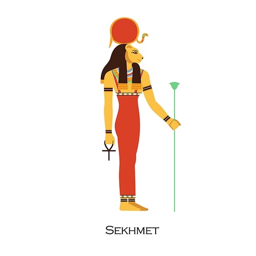 Sekhmet, Ancient Egyptian goddess with lioness head and solar disk. Woman deity of warriors and healing. Old Egypts mythology character. Flat vector illustration isolated on white .