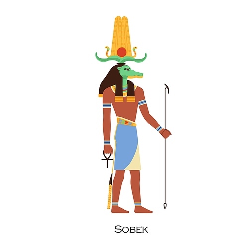 Sobek, Old Egypt god of fertility and military power. Sebek, ancient Egyptian deity with Nile crocodile head. Historical religious character. Flat vector illustration isolated on white .