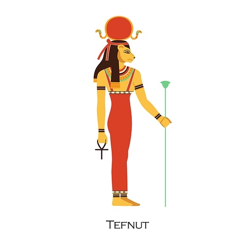Tefnut, Ancient Egypts goddess with lioness head and sun disk. Female Egyptian god of moisture and rain. Old historical religious character. Flat vector illustration isolated on white .