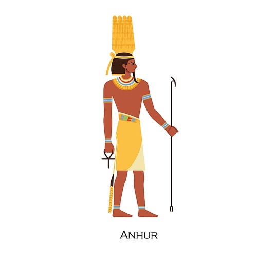 Anhur, old Egyptian god of war. Ancient Egypts character with feathers on head. Anhuret, mythological deity from history. Human from myths. Flat vector illustration isolated on white .