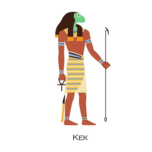 Kek, old Egyptian god. Ancient Egypts deity with frog headwear on head. History and religion character profile. Mythology person. Flat vector illustration isolated on white .