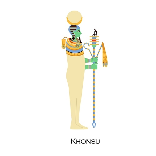 Khonsu, old Egyptian god of Moon. Ancient Egypts deity with disk on head. History and religion character profile. Religious sky traveller. Flat vector illustration isolated on white .