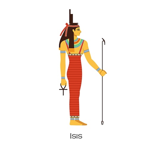 Isis, old Egyptian goddess for healing and dead. Ancient Egypts female god profile. History and religion character of heavens. Religious deity. Flat vector illustration isolated on white .