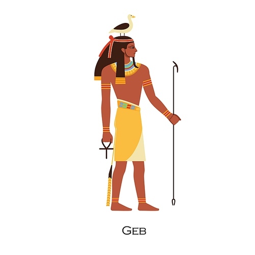 Geb, Old Egypts god of Earth. Ancient Egyptian deity with goose bird on head. Character from history, mythology and religion. Father of snakes. Flat vector illustration isolated on white .
