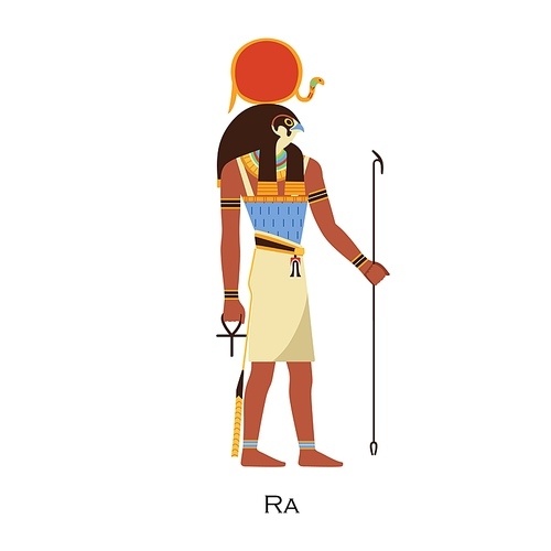 Ra god, Ancient Egyptian deity with solar disk and falcon head. Old history character figure with sun. Egypts mythology and religion. Flat vector illustration isolated on white .