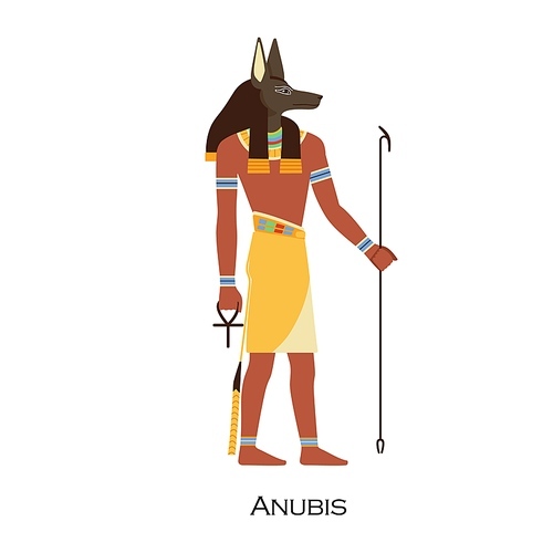 Anubis, Old Egypts god of death, afterlife and underworld. Ancient Egyptian deity with canine head. Museum figure from mythology, religion. Flat vector illustration isolated on white .