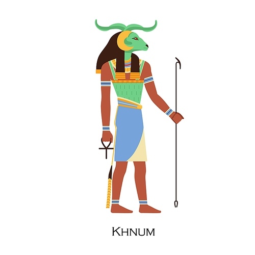 Khnum, Egypts ram-headed god. Old Egyptian Nile and water deity with horns. Divine potter, mythological character of ancient civilization. Flat vector illustration isolated on white .