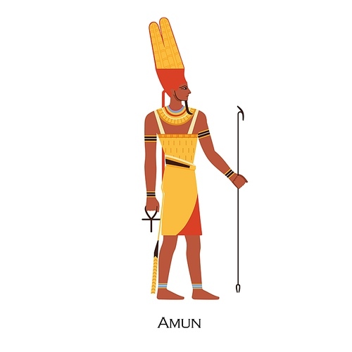 Amun, Ancient Egypts creator god. Old Egyptian deity from history, mythology. Amon-Ra, religious historical character with plumes headwear. Flat vector illustration isolated on white .