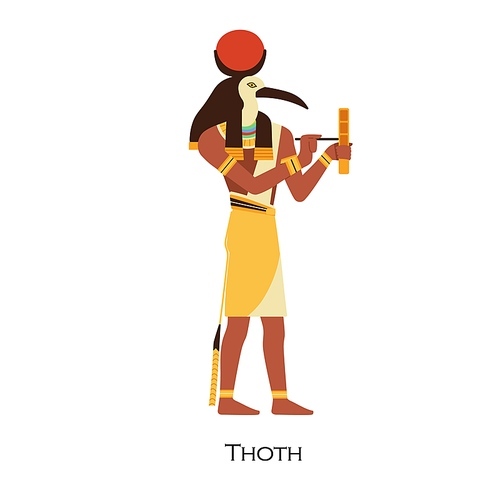 Thoth, Ibis-headed god of Ancient Egypt. Old Egyptian deity of writing, wisdom, science. Mythological religious character with moon disk. Flat graphic vector illustration isolated on white .