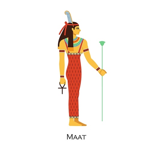Maat, Ancient Egypts goddess. Mythology Egyptian woman god of truth, harmony, order. Old religious character, historical deity of law, justice. Flat vector illustration isolated on white .