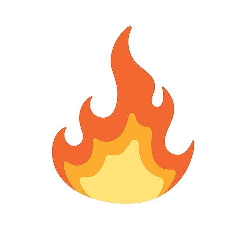 Hot fire icon. Abstract bonfire flame. Bright warm campfire symbol. Burning blaze of hell. Fiery energy and power. Warning sign. Flat vector illustration isolated on white .