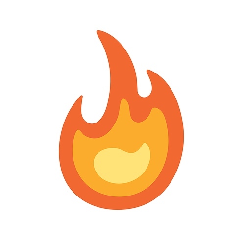 Hot burning fire icon. Hot flame, blaze symbol. Campfire, bonfire sign. Flammable pictogram with heat tongues in yellow and orange colors. Flat vector illustration isolated on white .