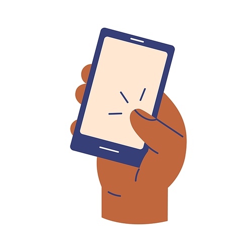 Hand holding mobile phone, tapping on screen with finger. Clicking on smartphone with thumb. Using cellphone, touching display icon. Abstract telephone use top view. Colored flat vector illustration.