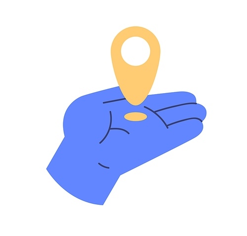Pin point, location marker in hand icon. Map pointer, place mark, indicator in palm. GPS navigation, destination, position search concept. Flat vector illustration isolated on white .