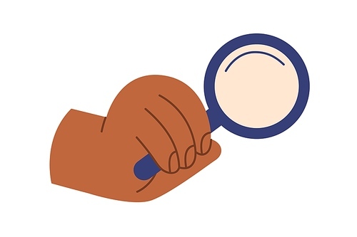 Hand holding magnifying glass, lens icon. Searching, researching with lupe, magnifier tool. Discovery, analysis, scrutiny concept. Colored flat vector illustration isolated on white .