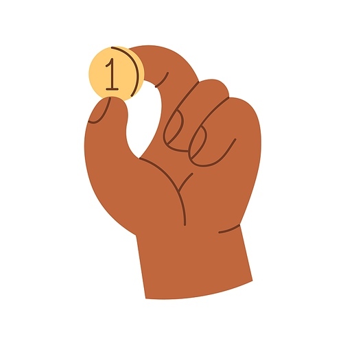 hand holding one penny coin, squeezed between fingers. gold money, cash in arm icon. dollar cent, change. finance, economy concept. colored flat vector illustration isolated on .