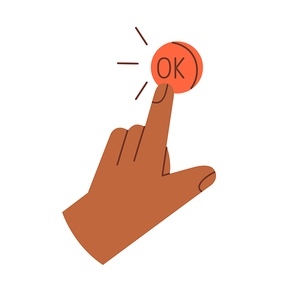 Finger pressing OK button icon. Human hand tapping, clicking Okay, accepting smth. Yes, acceptance, confirmation, approval concept. Flat vector illustration isolated on white .