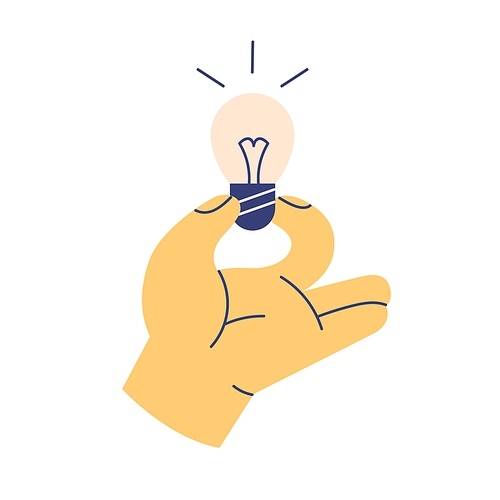 Hand holding lightbulb icon. Light bulb, electric lamp as symbol of creative ideas, insights and new solutions. Discovery, invention concept. Flat vector illustration isolated on white .