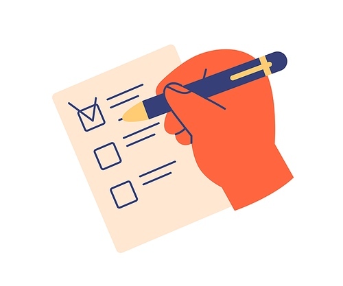 Hand with pen ticking done tasks with mark in check box of to do list. Filling form with checkboxes, choosing answer on sheet of paper, document. Flat vector illustration isolated on white .