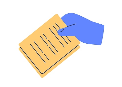 Hand holding document icon. Arm with abstract business papers, official legal contract with lines. Submitting application, report concept. Flat vector illustration isolated on white .