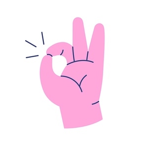 Hand showing OK gesture, accepting, approving, agreeing to smth. Okay fingers sign icon. Good great positive signal of satisfaction. Colored flat vector illustration isolated on white .