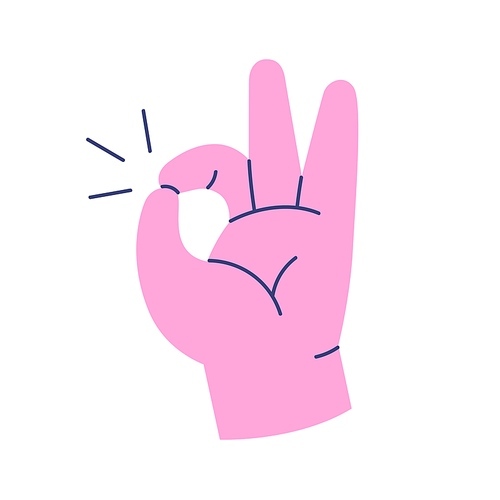 Hand showing OK gesture, accepting, approving, agreeing to smth. Okay fingers sign icon. Good great positive signal of satisfaction. Colored flat vector illustration isolated on white .