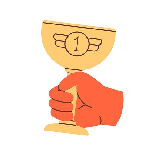 Hand holding trophy, winners cup icon. Leaders arm with gold goblet, award for 1 place. Best prize, reward for champion. Triumph, success concept. Flat vector illustration isolated on white .