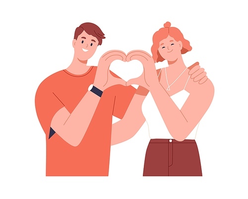 Love couple with heart-shaped hand gesture. Happy man and woman portrait. Two valentines, romantic partners together. Solidarity, support concept. Flat vector illustration isolated on white .