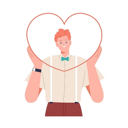 Happy volunteer holding big heart. Philanthropy, charity and donation concept. Person altruist supporting, sharing love, donating, giving help. Flat vector illustration isolated on white .
