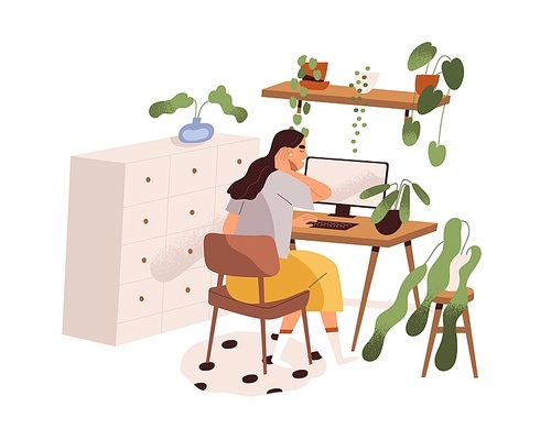 Woman work with computer, sitting at desk in home office. Freelancer at modern cozy remote workplace with table, desktop and potted house plants. Flat vector illustration isolated on white .