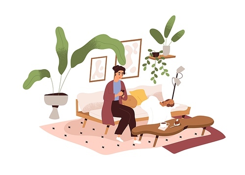 Woman on sofa with mobile phone in living room. Person use smartphone and social media, sitting on couch at coffee table at cozy modern home. Flat vector illustration isolated on white .