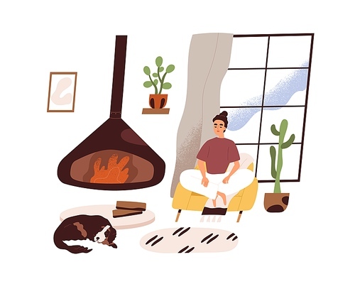 Woman relaxing and meditating in modern cozy living room at home, sitting in comfortable armchair by fireplace. Peaceful rest by fireside. Colored flat vector illustration isolated on white .