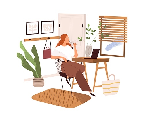 Woman work with laptop computer at desk, looking through window and thinking. Creative person sitting at table in home office. Remote workplace. Flat vector illustration isolated on white .