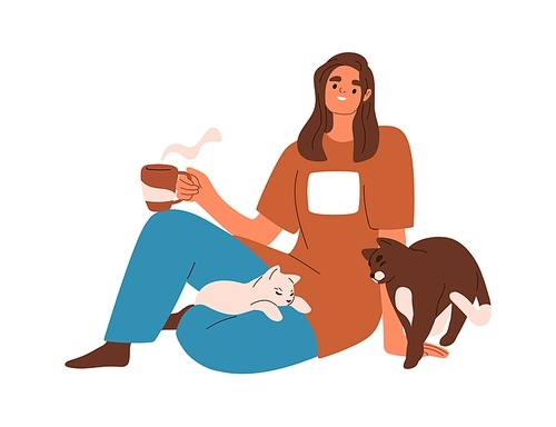 Happy woman with cute cats, drinking tea cup. Pet owner with sweet kitties, feline animals. Female sitting with coffee mug and kittens. Flat graphic vector illustration isolated on white .