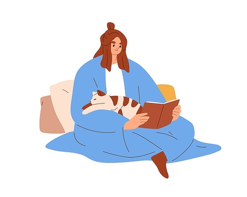 Happy woman reading book with cute cat sleeping on her. Pet owner covered with blanket, sitting with kitty at home. Female and feline animal. Flat vector illustration isolated on white .