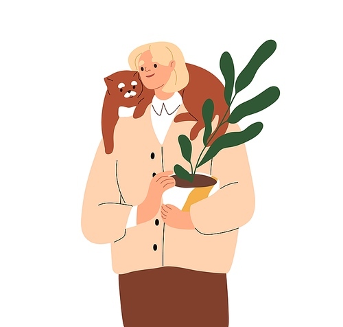 Happy woman with cat lying around neck. Pet owner with funny feline animal and potted home plant. Female and adorable lovely kitty portrait. Flat vector illustration isolated on white .