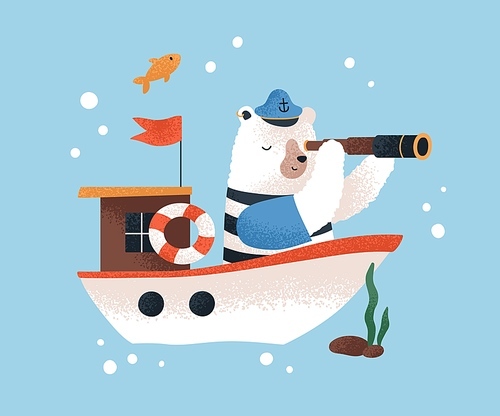Cute baby bear traveling by ship. Sailor captain explorer with spyglass. Childrens animal character at sea journey, adventure. Fairytale seaman at voyage. Childish colored flat vector illustration.
