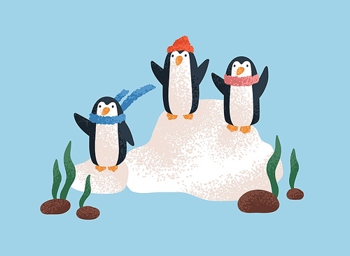 Cute penguin family in winter. Funny baby characters at North pole. Childish nursery animals, birds in scarf, hat greeting smb on snowdrift. Fairytale Antarctica. Childrens flat vector illustration.