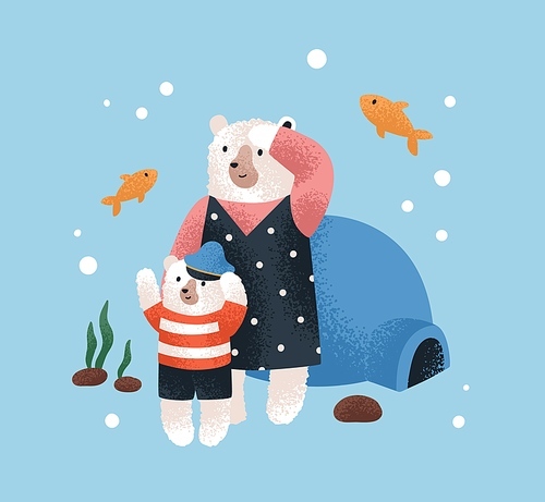 Cute Northern bear family. Baby animal characters, mother and child. Childish nursery fairytale. Adorable mom and kid from North. Scandinavian nordic fairy tale. Childrens flat vector illustration.