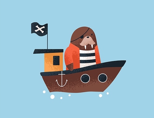 Cute walrus pirate in ship, traveling by sea. Sailor captain, baby animal in ocean. Funny childrens character at adventure. Fairytale seaman at sailing. Childish colored flat vector illustration.