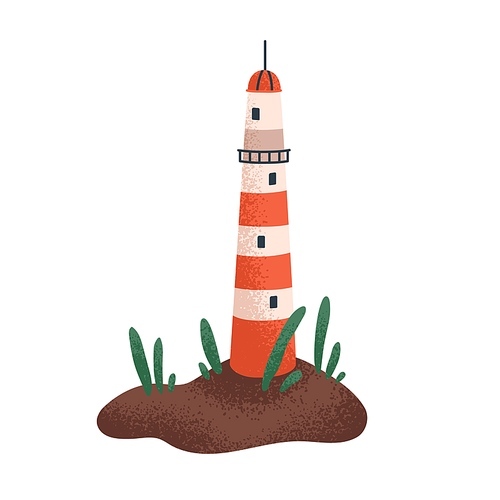 Lighthouse, high striped tower on sea coast. Kids light house on island. Beacon building for childs t-shirt . Nursery childrens flat vector illustration isolated on white .