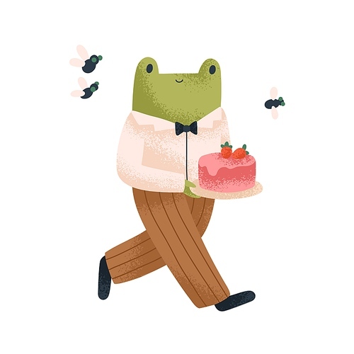 Cute frog character walking and carrying festive cake, gift for birthday party. Happy smiling funny animal in holiday clothes. Childish flat vector illustration isolated on white .