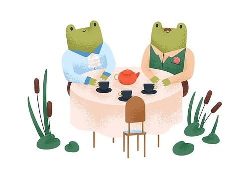 Couple of cute frogs on date. Childish characters, funny animals drinking tea in morning at dining table in swamp. Nursery fairytale. Childrens flat vector illustration isolated on white .