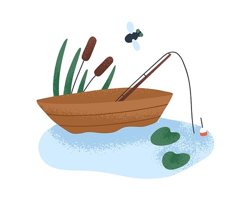 Empty wood boat with fishing rod, pole and bobber floating on lake water. Peaceful fairytale nature with wooden vessel in river. Childish flat vector illustration isolated on white .