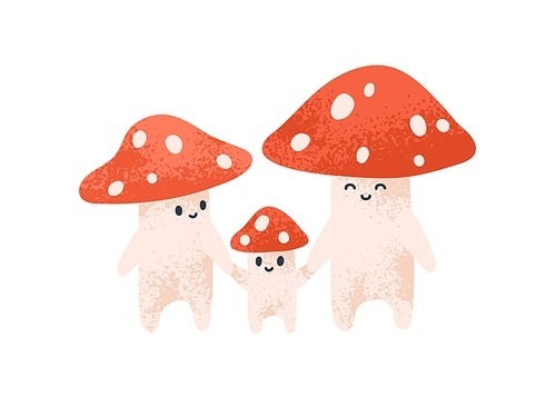 Cute amanita family. Happy fairytale fly agarics, parents and child. Funny fairy tale mushrooms with adorable faces. Baby fiction. Childish flat vector illustration isolated on white .