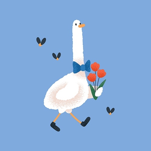 Cute funny goose going, holding spring flowers. Romantic bird in bow tie, kids character, walking and carrying bouquet. Fairytale gentleman from childs fiction. Childish flat vector illustration.