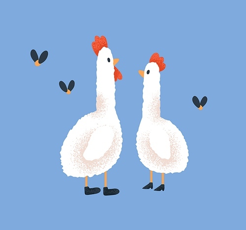 Cute chicken and cock, love couple. Funny kids characters, hen and rooster. Romantic farm birds. Childish adorable chicks. Fairy tale animals from nursery fiction. Childrens flat vector illustration.